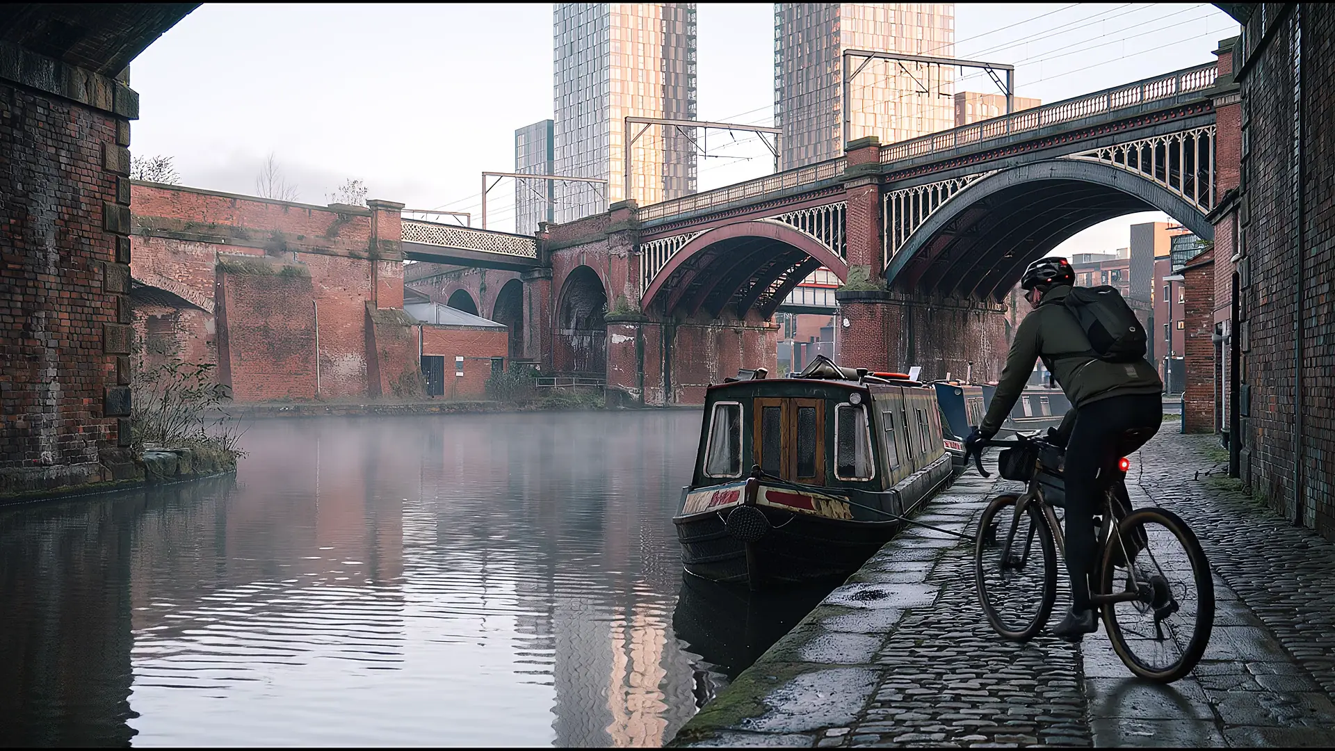 Early morning in Castlefield, Manchester: a commuter on a gravel bike, with a small backpack and frame bag, rides fast along the cobbled canal towpath past a narrowboat, under the Victorian railway viaduct, with the Deansgate Square towers behind