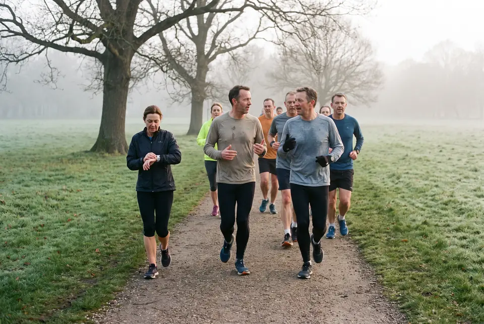 A club run crossing Heaton Park in early-morning mist, one runner checking her watch