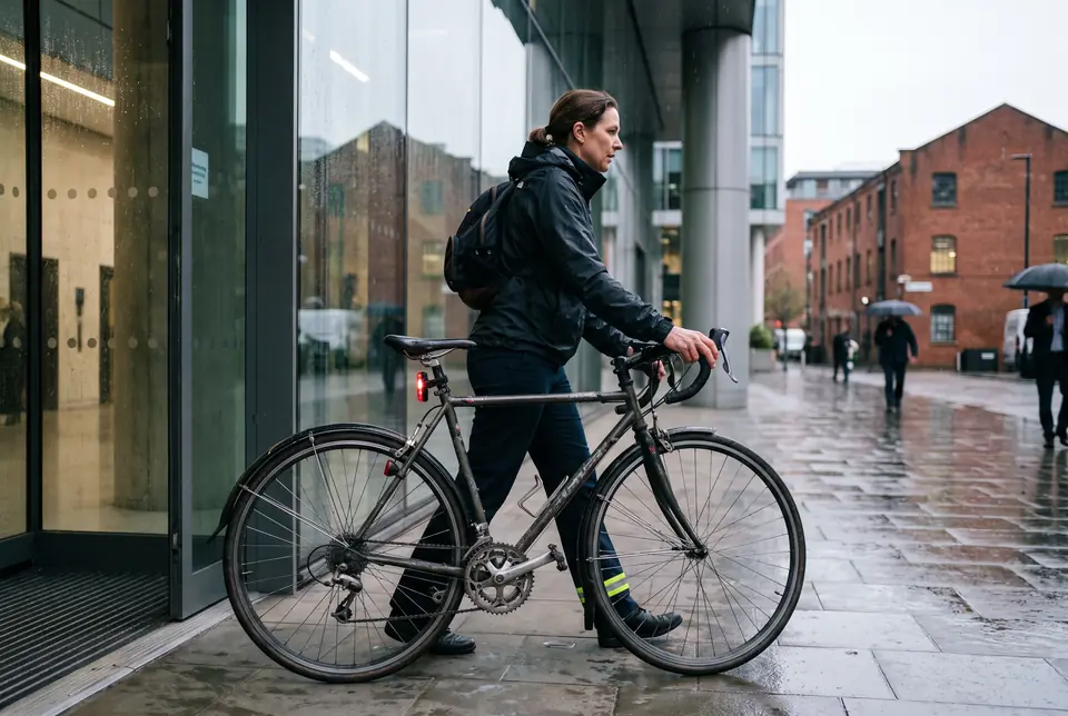 A woman in a waterproof jacket wheels her road bike with mudguards out of an office building in Spinningfields after rain