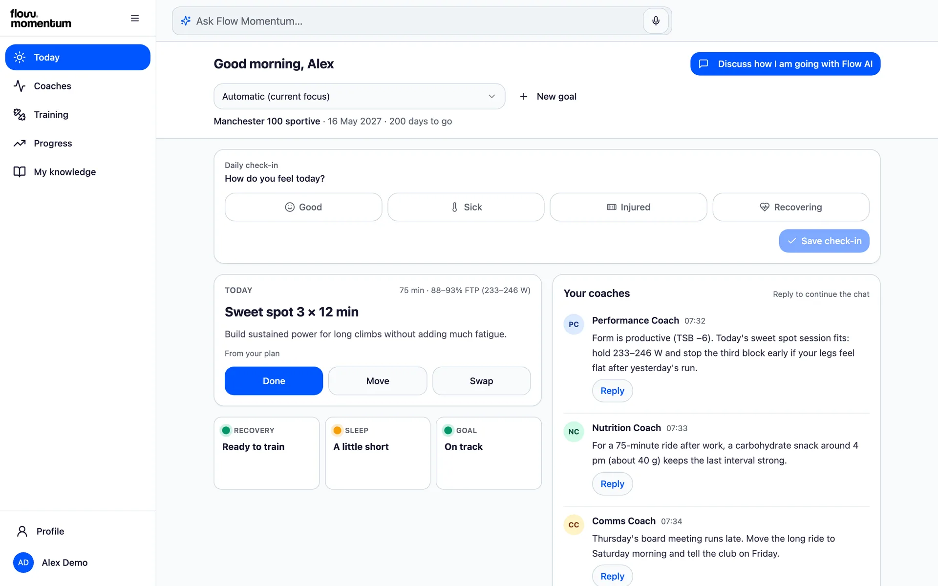 Flow Momentum Today page: a planned sweet spot ride, traffic lights for recovery, sleep and goal, and short messages from the Performance, Nutrition and Comms coaches