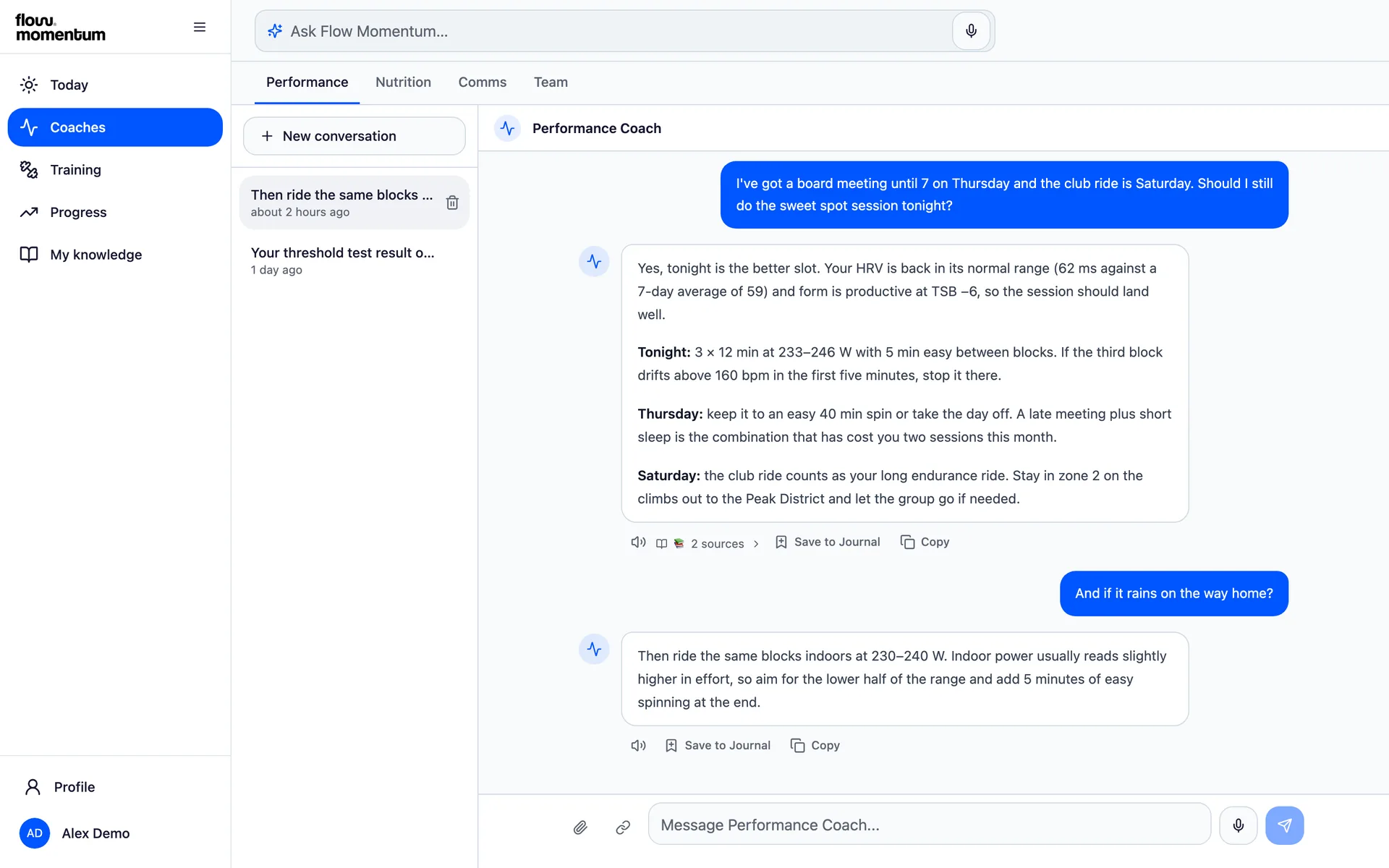 Conversation with the Performance Coach about fitting a sweet spot session around a late board meeting, with the answer citing HRV, form and two knowledge sources