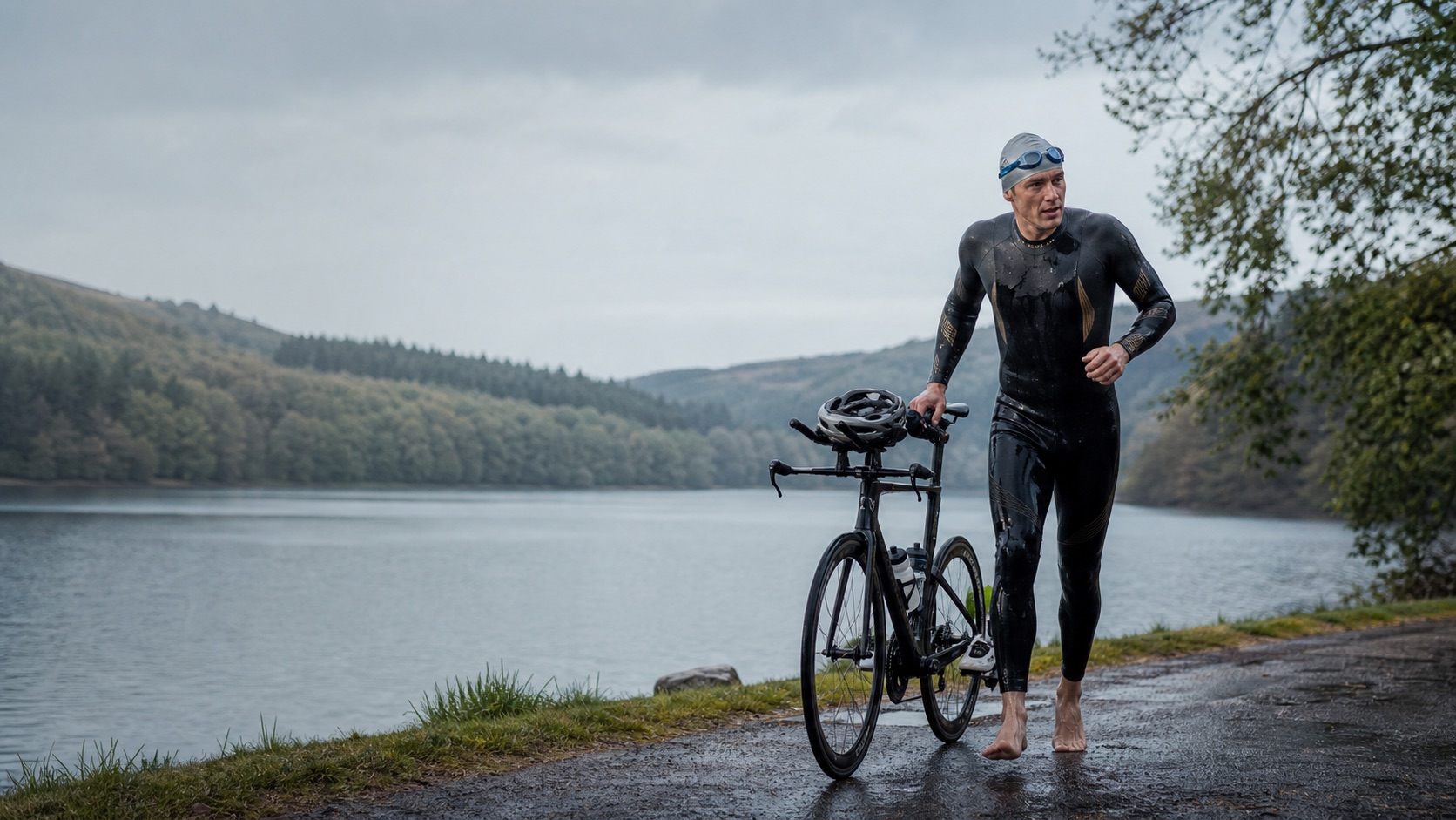 Triathlete transitioning from open water to the bike